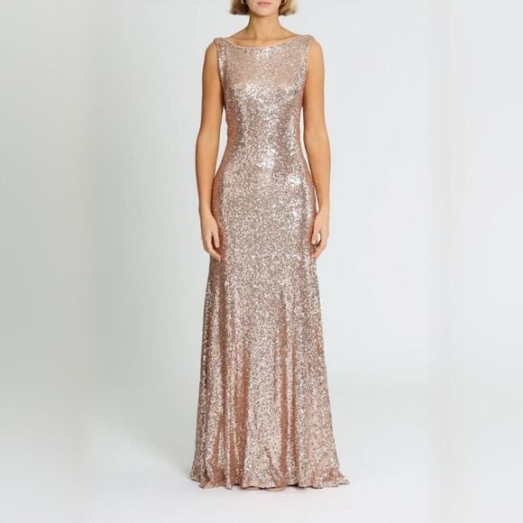 Christina Wu Rose Gold Sequin 22704 Open Back Floor Length Evening Gown Dress 2 - Picture 1 of 12